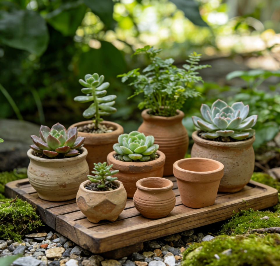 🌵Vintage Terracotta Succulent Collection Set with Handcrafted Reclaimed Wood Display Tray – 9-Piece One-of-a-Kind Artisan Pot Assortment for Miniature Desert Gardens & Tabletop Displays