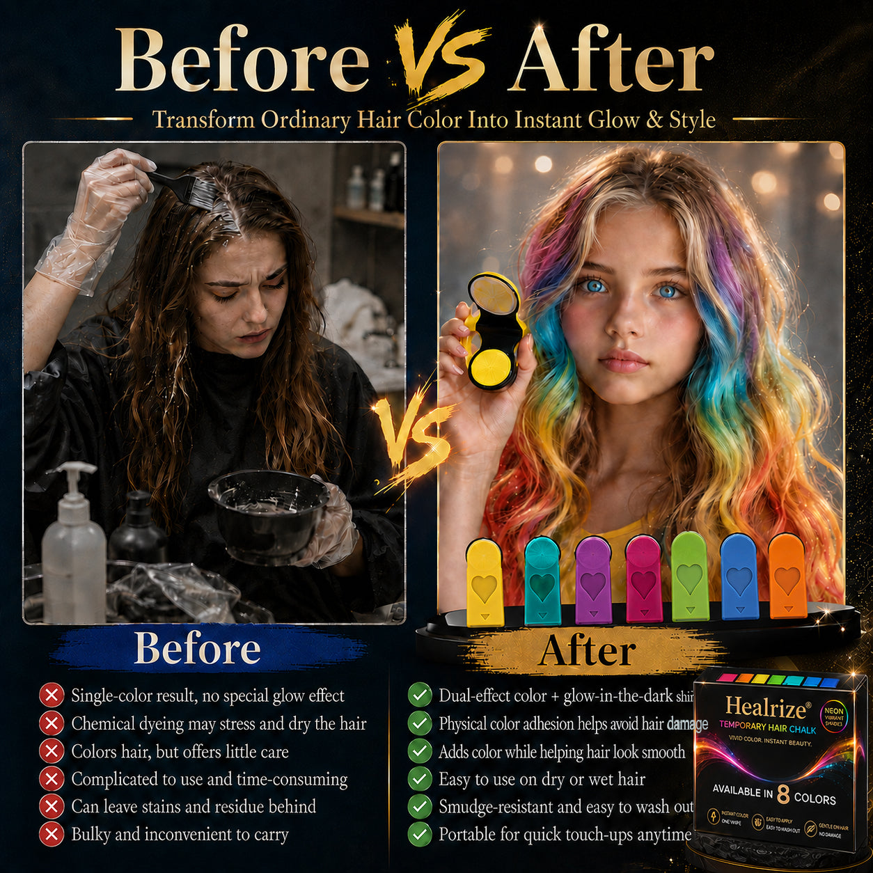 🌈 Healrize® 12-Color Washable Hair Chalk Kit – Instant Temporary Hair Color for Kids & Adults, Easy-Apply Vibrant Highlights for Parties, Cosplay & Festivals 🌞