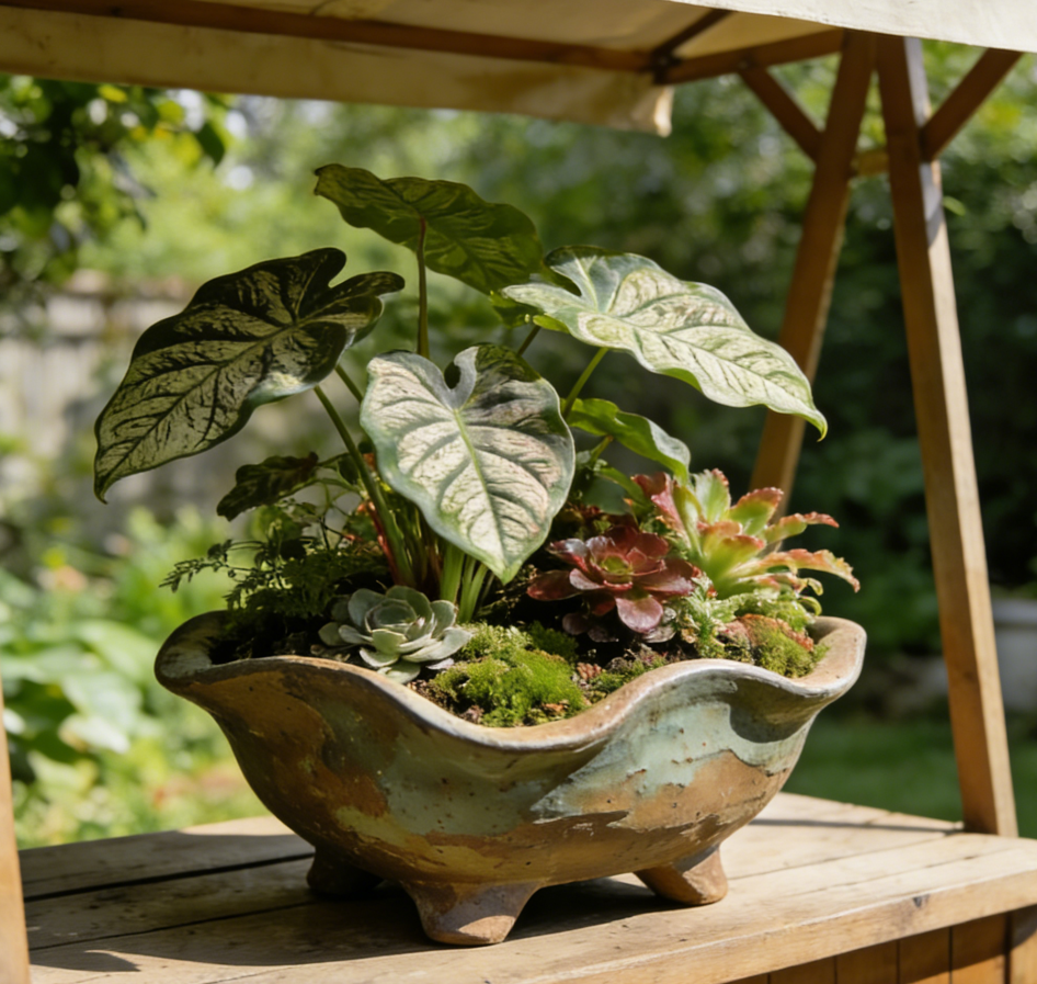 "Rustic Weathered Ceramic Footed Planter Bowl – Hand-Thrown Reactive Glaze, Irregular Scalloped Rim, One-of-a-Kind Low-Profile Vessel for Tropical Terrariums & Succulent Displays