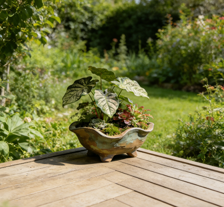 "Rustic Weathered Ceramic Footed Planter Bowl – Hand-Thrown Reactive Glaze, Irregular Scalloped Rim, One-of-a-Kind Low-Profile Vessel for Tropical Terrariums & Succulent Displays