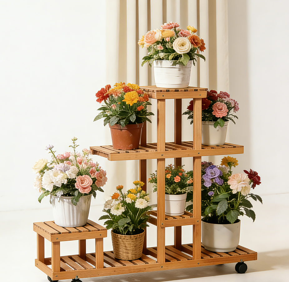 🌿Multi-Tiered Mobile Bamboo Plant Stand – 7-Level Asymmetrical Slatted Design with Lockable Casters, One-of-a-Kind Indoor Vertical Display Rack for Potted Flowers & Succulents