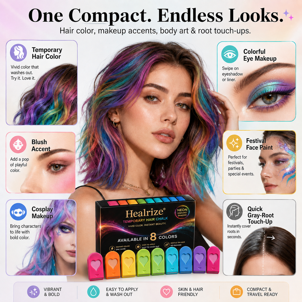 🌈 Healrize® 12-Color Washable Hair Chalk Kit – Instant Temporary Hair Color for Kids & Adults, Easy-Apply Vibrant Highlights for Parties, Cosplay & Festivals 🌞