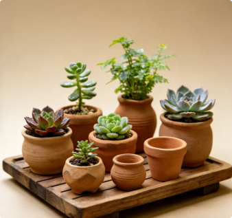 🌵Vintage Terracotta Succulent Collection Set with Handcrafted Reclaimed Wood Display Tray – 9-Piece One-of-a-Kind Artisan Pot Assortment for Miniature Desert Gardens & Tabletop Displays