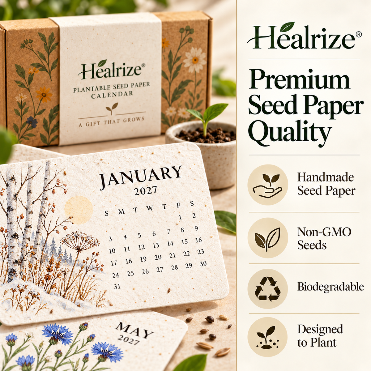 🌱 Official Store | Healrize® Plantable Seed Paper Calendar – 12 Months of Botanical Surprises, A Gift That Grows 🗓️🌷