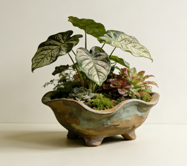 "Rustic Weathered Ceramic Footed Planter Bowl – Hand-Thrown Reactive Glaze, Irregular Scalloped Rim, One-of-a-Kind Low-Profile Vessel for Tropical Terrariums & Succulent Displays