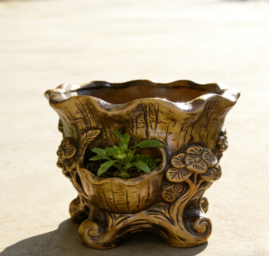 🌳Gilded Baroque Tree Trunk Multi-Chamber Planter – Hand-Sculpted Resin Vessel with 3D Floral Relief, Aged Bronze Patina, One-of-a-Kind Multi-Plant Display for Indoor & Outdoor Gardens