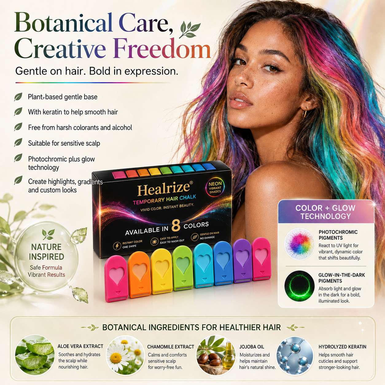 🌈 Healrize® 12-Color Washable Hair Chalk Kit – Instant Temporary Hair Color for Kids & Adults, Easy-Apply Vibrant Highlights for Parties, Cosplay & Festivals 🌞