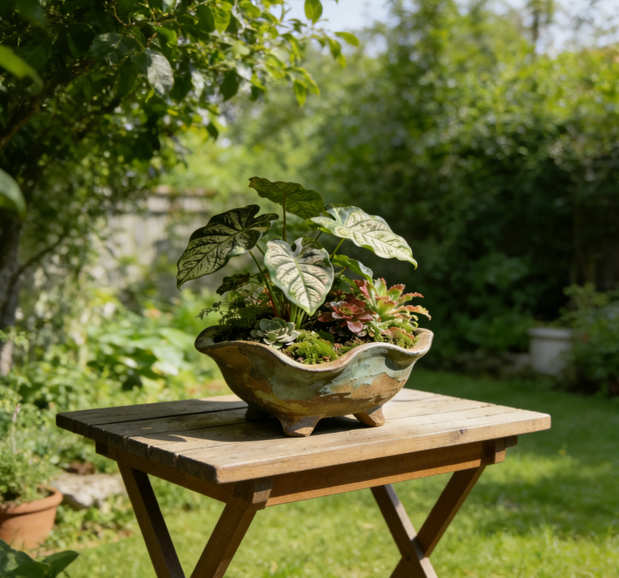 "Rustic Weathered Ceramic Footed Planter Bowl – Hand-Thrown Reactive Glaze, Irregular Scalloped Rim, One-of-a-Kind Low-Profile Vessel for Tropical Terrariums & Succulent Displays
