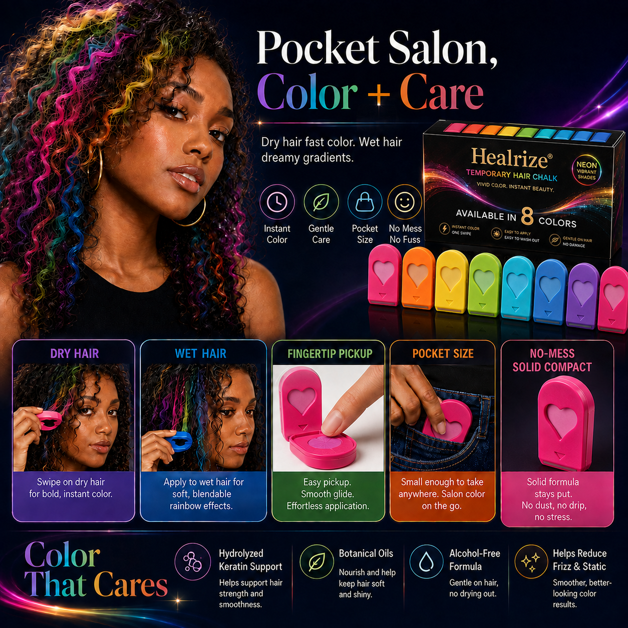 🌈 Healrize® 12-Color Washable Hair Chalk Kit – Instant Temporary Hair Color for Kids & Adults, Easy-Apply Vibrant Highlights for Parties, Cosplay & Festivals 🌞