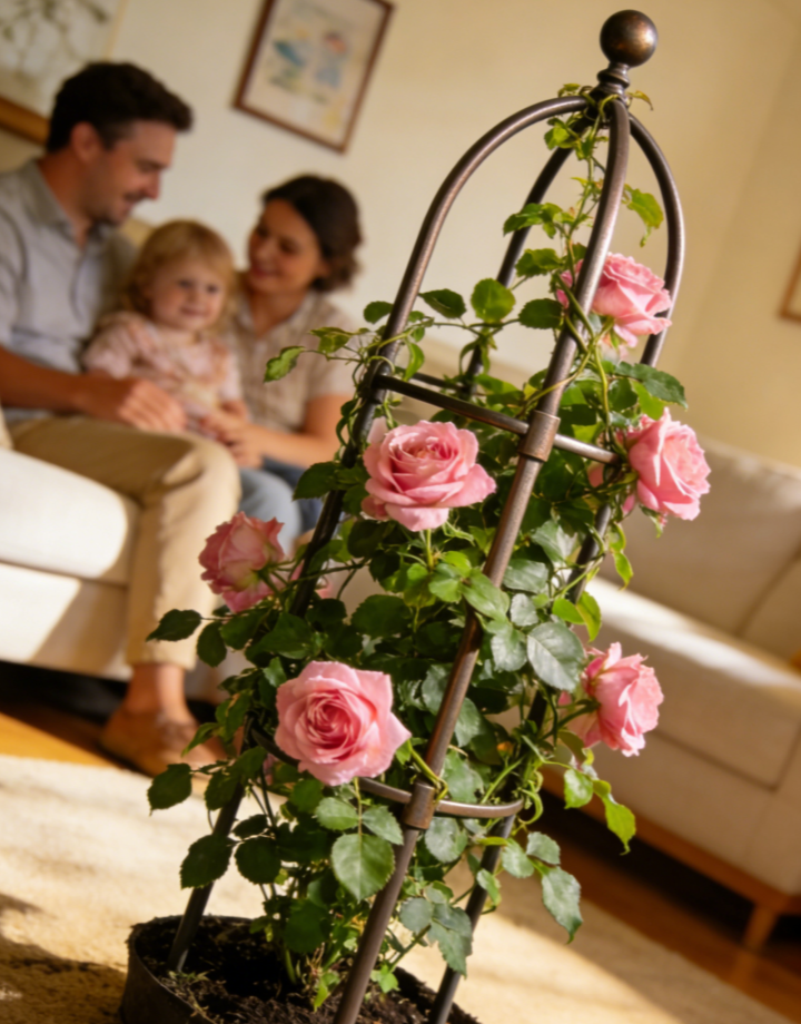 🌹 "Vintage Ornate Metal Rose Obelisk with Integrated Planter Base – Antique Bronze Finish, Hand-Forged Scrollwork, One-of-a-Kind Indoor Climbing Rose Display for Home & Greenhouse Use"