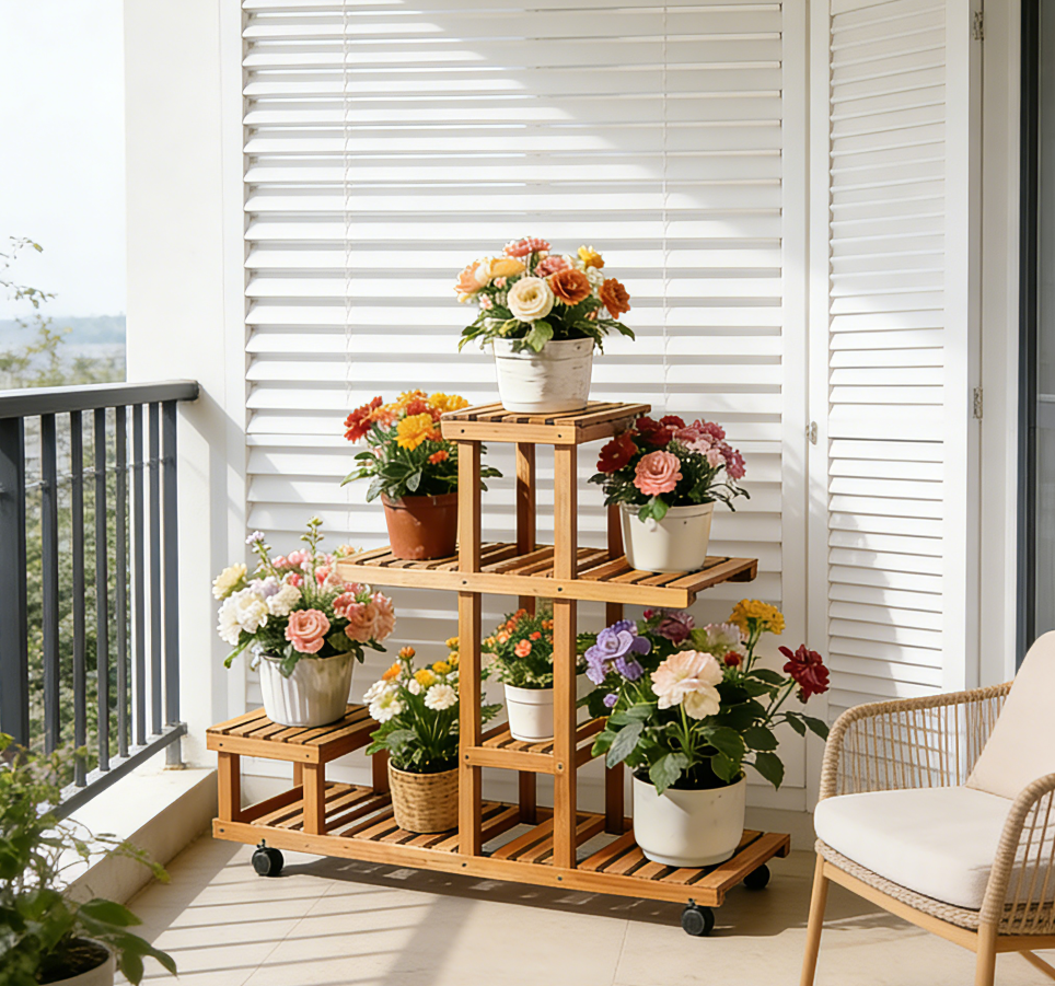 🌿Multi-Tiered Mobile Bamboo Plant Stand – 7-Level Asymmetrical Slatted Design with Lockable Casters, One-of-a-Kind Indoor Vertical Display Rack for Potted Flowers & Succulents