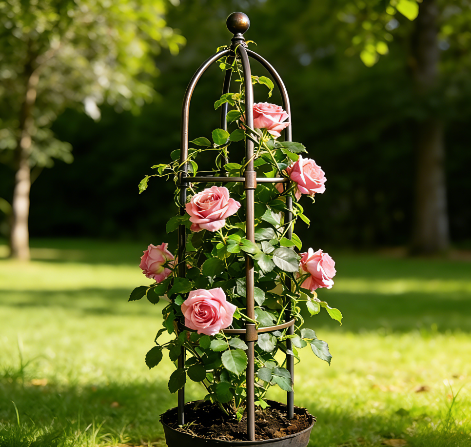 🌹 "Vintage Ornate Metal Rose Obelisk with Integrated Planter Base – Antique Bronze Finish, Hand-Forged Scrollwork, One-of-a-Kind Indoor Climbing Rose Display for Home & Greenhouse Use"