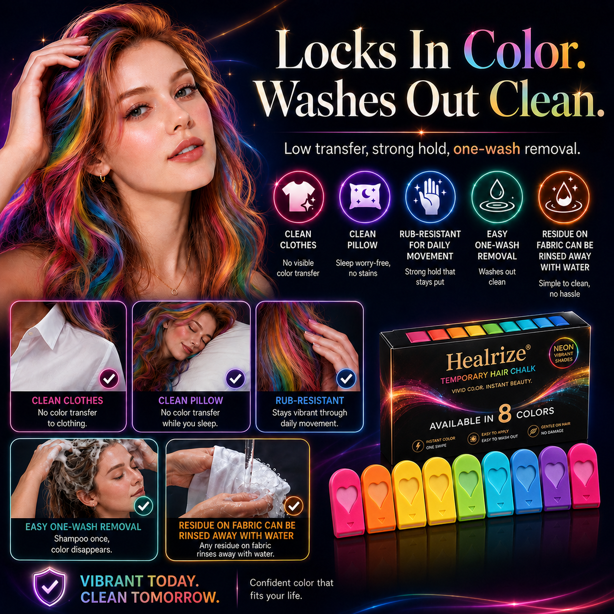 🌈 Healrize® 12-Color Washable Hair Chalk Kit – Instant Temporary Hair Color for Kids & Adults, Easy-Apply Vibrant Highlights for Parties, Cosplay & Festivals 🌞