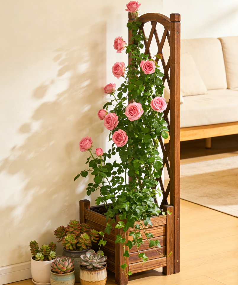 🌹Rustic Diamond-Lattice Wooden Planter with Integrated Trellis – FSC-Certified Acacia Wood, Weather-Resistant Finish, One-of-a-Kind Vertical Garden Solution for Climbing Roses & Vines