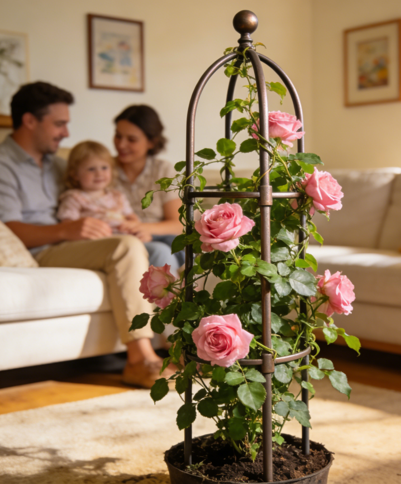 🌹 "Vintage Ornate Metal Rose Obelisk with Integrated Planter Base – Antique Bronze Finish, Hand-Forged Scrollwork, One-of-a-Kind Indoor Climbing Rose Display for Home & Greenhouse Use"
