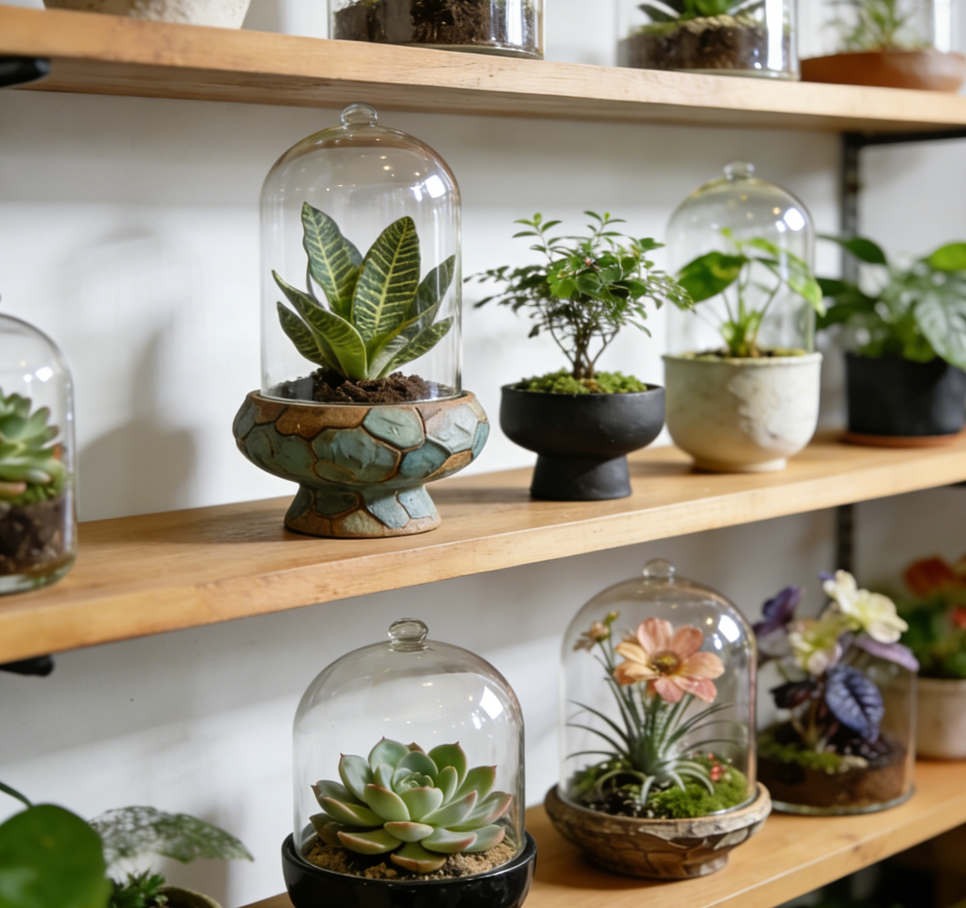 🌿Artisan Geo-Crackle Terracotta Terrarium Base with Hand-Blown Glass Cloche – One-of-a-Kind Succulent & Air Plant Micro-Garden Vessel, Exclusive Weathered Teal & Rust Design