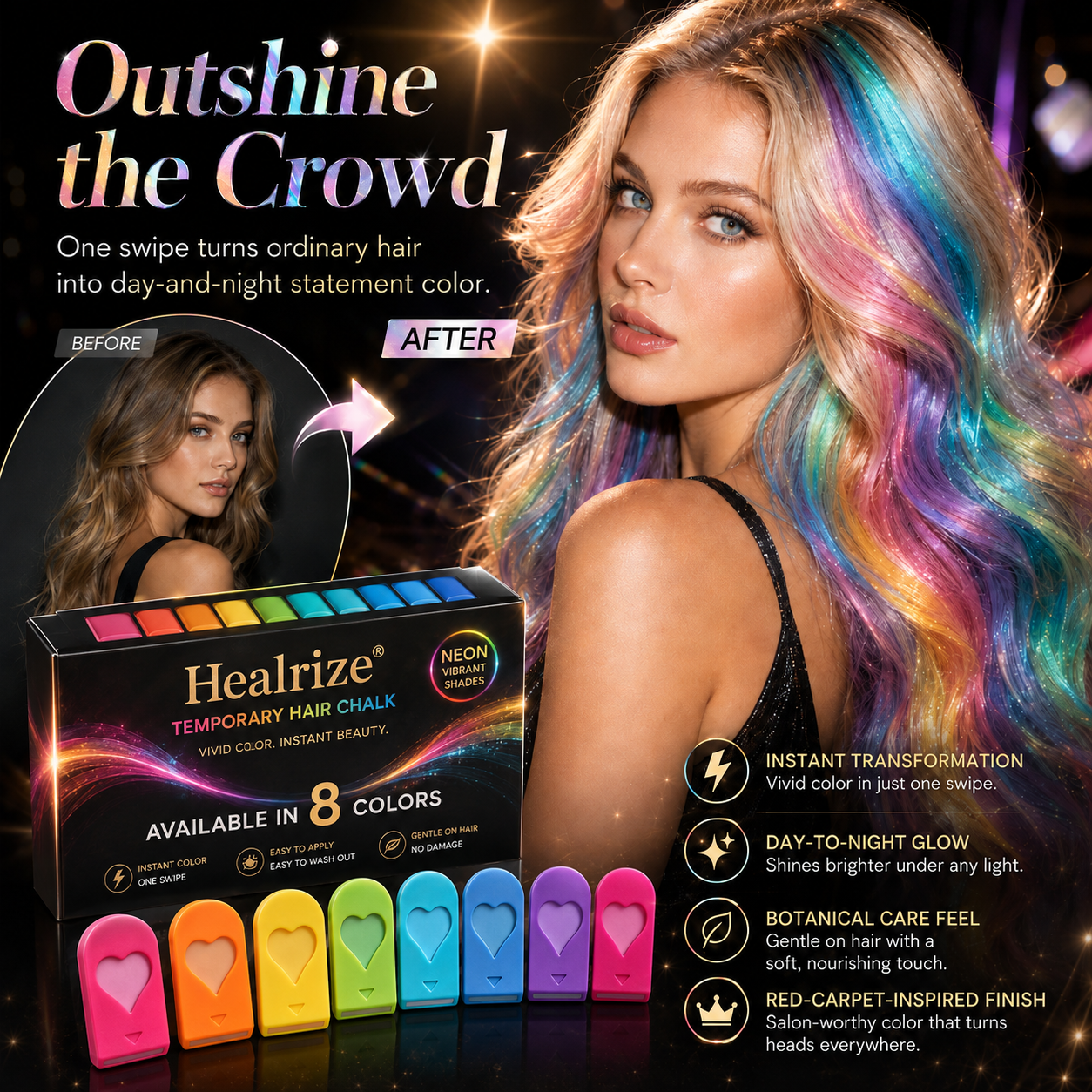 🌈 Healrize® 12-Color Washable Hair Chalk Kit – Instant Temporary Hair Color for Kids & Adults, Easy-Apply Vibrant Highlights for Parties, Cosplay & Festivals 🌞