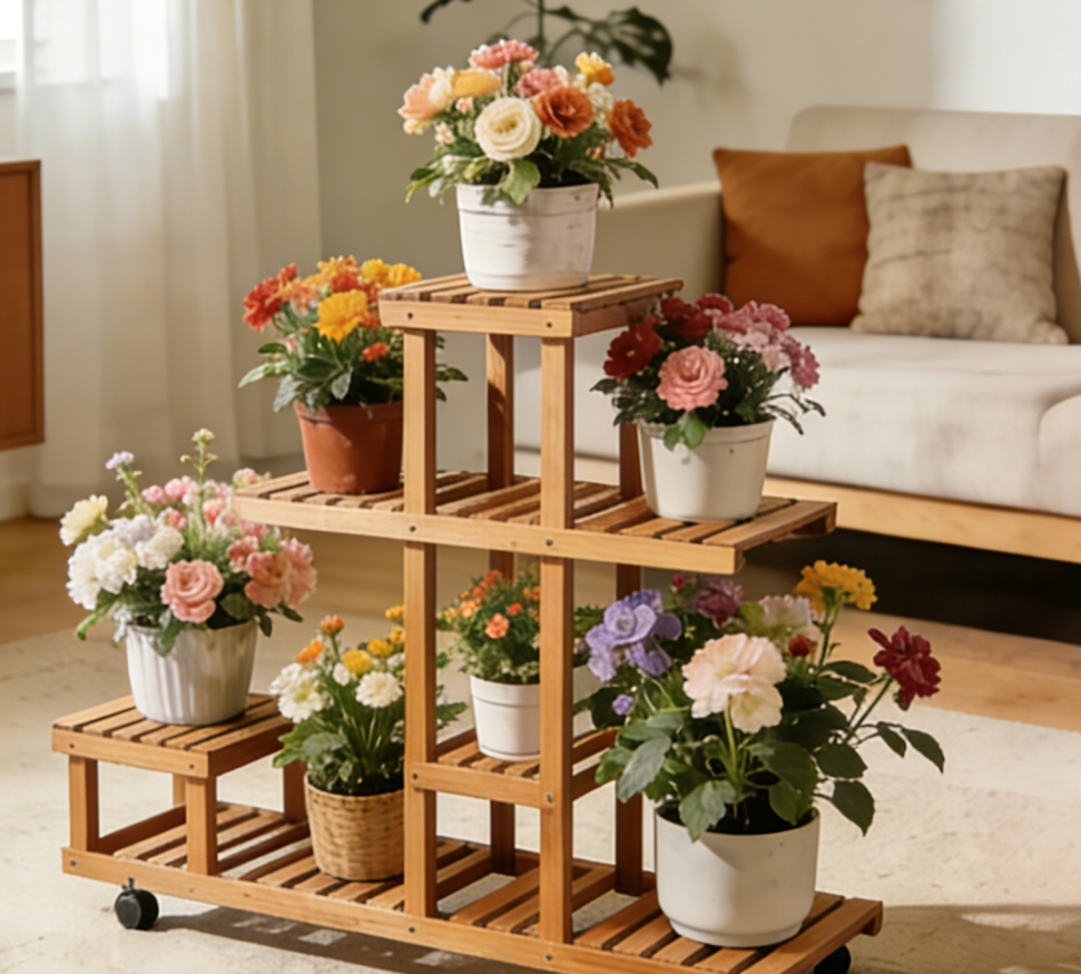 🌿Multi-Tiered Mobile Bamboo Plant Stand – 7-Level Asymmetrical Slatted Design with Lockable Casters, One-of-a-Kind Indoor Vertical Display Rack for Potted Flowers & Succulents