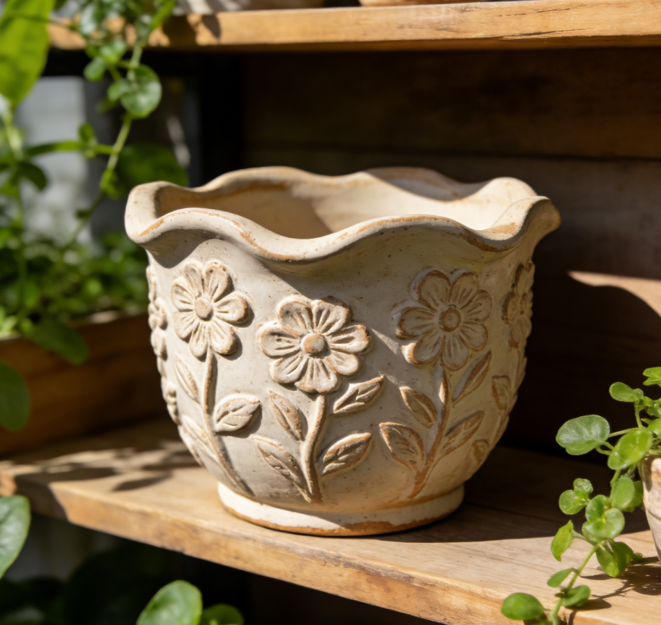 🌸 Botanical Embossed Ceramic Planter – Hand-Thrown Scalloped Rim Pot with 3D Floral Relief, Aged Ivory Patina, One-of-a-Kind Artisanal Vessel for Indoor & Outdoor Greenery