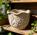 🌸 Botanical Embossed Ceramic Planter – Hand-Thrown Scalloped Rim Pot with 3D Floral Relief, Aged Ivory Patina, One-of-a-Kind Artisanal Vessel for Indoor & Outdoor Greenery