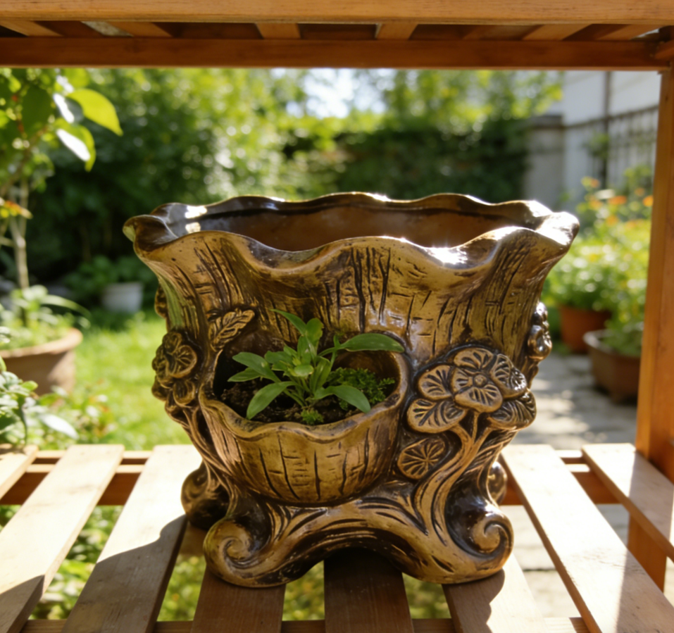 🌳Gilded Baroque Tree Trunk Multi-Chamber Planter – Hand-Sculpted Resin Vessel with 3D Floral Relief, Aged Bronze Patina, One-of-a-Kind Multi-Plant Display for Indoor & Outdoor Gardens