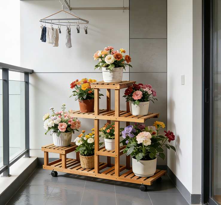 🌿Multi-Tiered Mobile Bamboo Plant Stand – 7-Level Asymmetrical Slatted Design with Lockable Casters, One-of-a-Kind Indoor Vertical Display Rack for Potted Flowers & Succulents