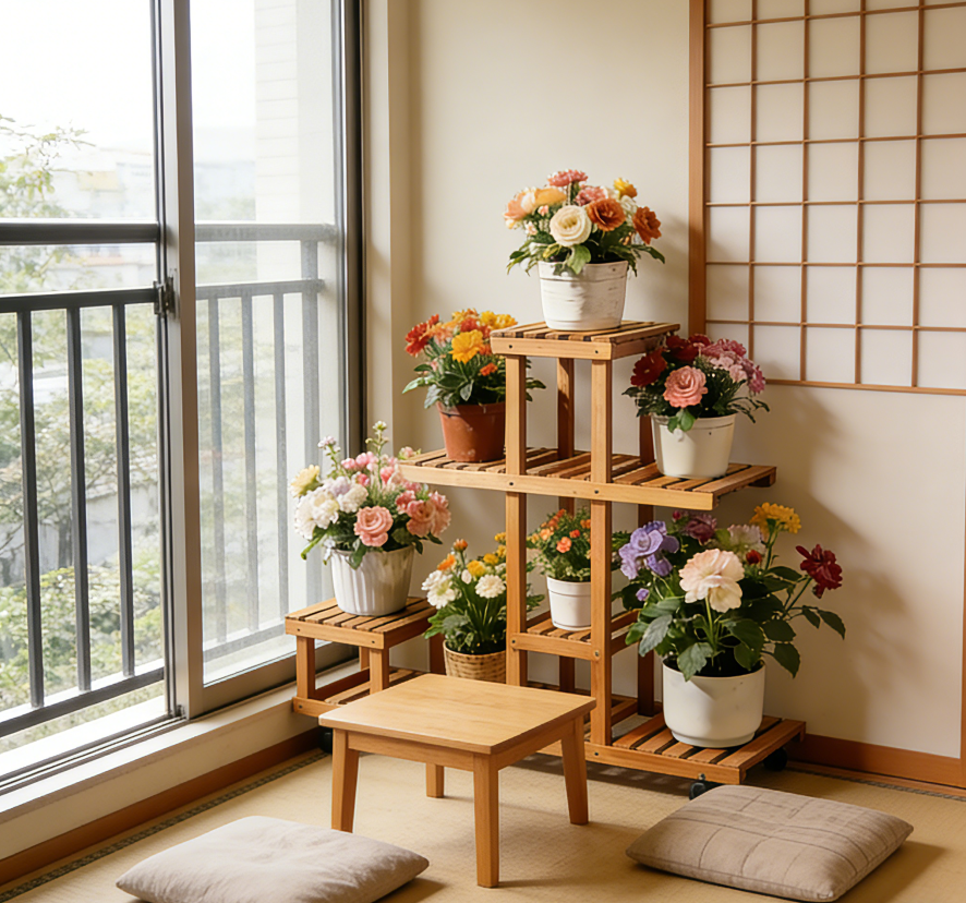 🌿Multi-Tiered Mobile Bamboo Plant Stand – 7-Level Asymmetrical Slatted Design with Lockable Casters, One-of-a-Kind Indoor Vertical Display Rack for Potted Flowers & Succulents