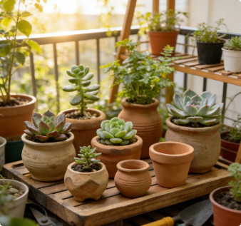 🌵Vintage Terracotta Succulent Collection Set with Handcrafted Reclaimed Wood Display Tray – 9-Piece One-of-a-Kind Artisan Pot Assortment for Miniature Desert Gardens & Tabletop Displays
