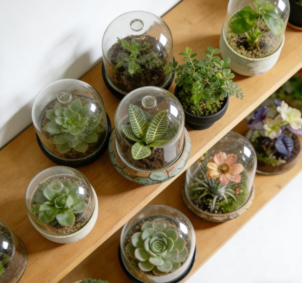 🌿Artisan Geo-Crackle Terracotta Terrarium Base with Hand-Blown Glass Cloche – One-of-a-Kind Succulent & Air Plant Micro-Garden Vessel, Exclusive Weathered Teal & Rust Design