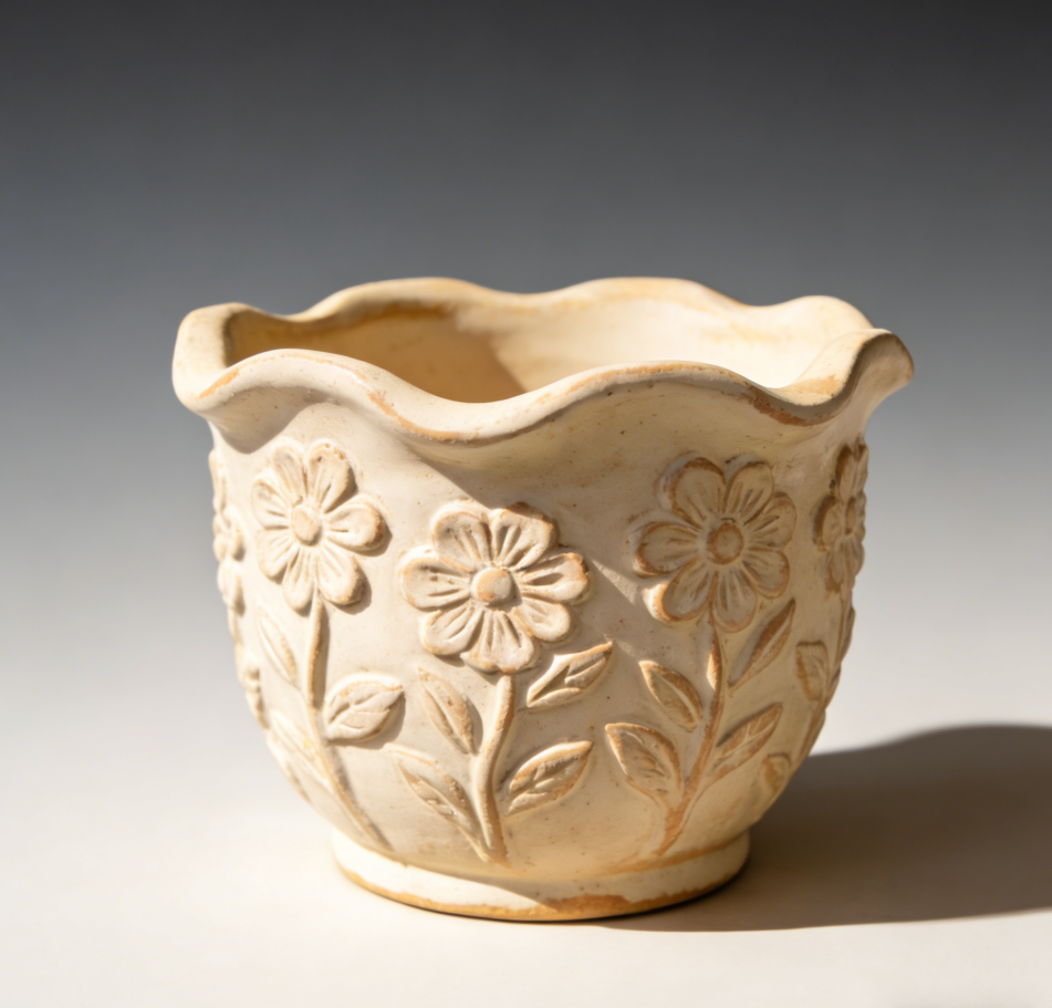 🌸 Botanical Embossed Ceramic Planter – Hand-Thrown Scalloped Rim Pot with 3D Floral Relief, Aged Ivory Patina, One-of-a-Kind Artisanal Vessel for Indoor & Outdoor Greenery