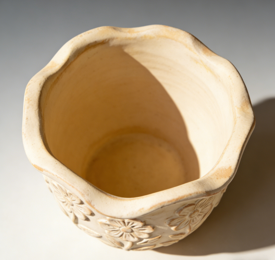 🌸 Botanical Embossed Ceramic Planter – Hand-Thrown Scalloped Rim Pot with 3D Floral Relief, Aged Ivory Patina, One-of-a-Kind Artisanal Vessel for Indoor & Outdoor Greenery