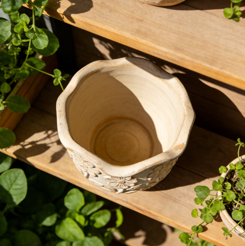 🌸 Botanical Embossed Ceramic Planter – Hand-Thrown Scalloped Rim Pot with 3D Floral Relief, Aged Ivory Patina, One-of-a-Kind Artisanal Vessel for Indoor & Outdoor Greenery
