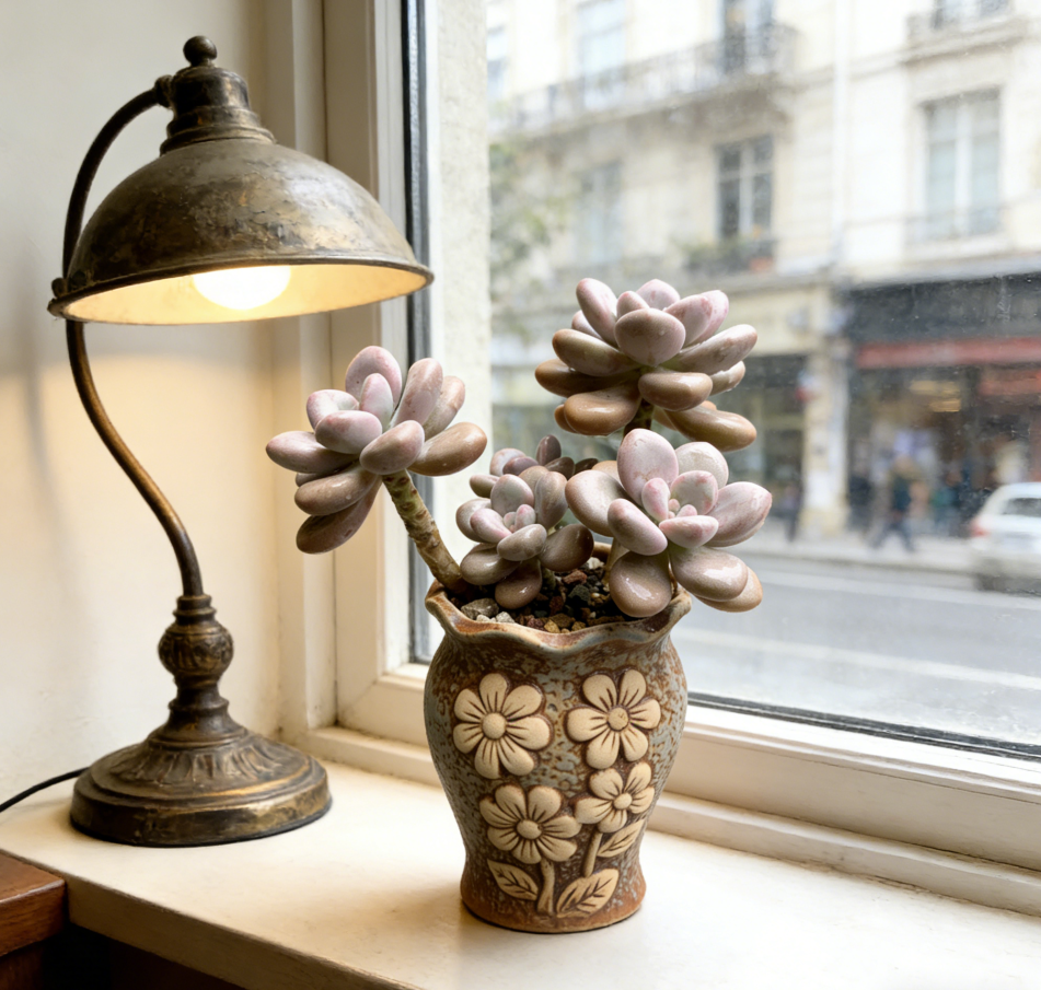🌸 Vintage Floral Embossed Ceramic Succulent Bonsai Pot – Hand-Carved 3D Flower Relief, Weathered Blue-Brown Glaze, One-of-a-Kind Tall Tapered Planter for Graptopetalum Amethystinum & Woody Succulents