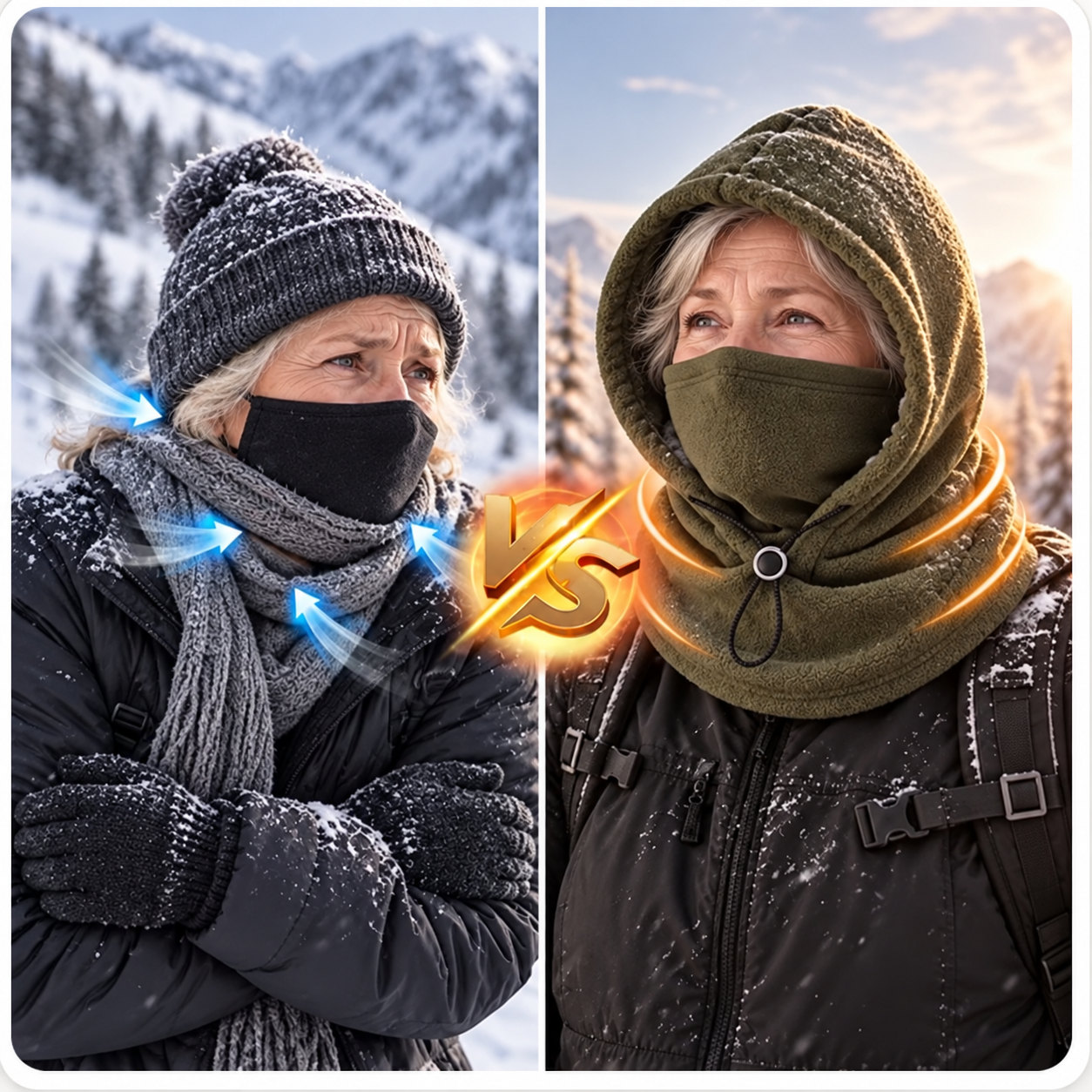 Side-by-side winter hood comparison in snowy conditions