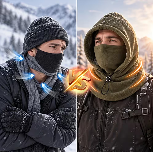Side-by-side winter hood comparison in snowy conditions