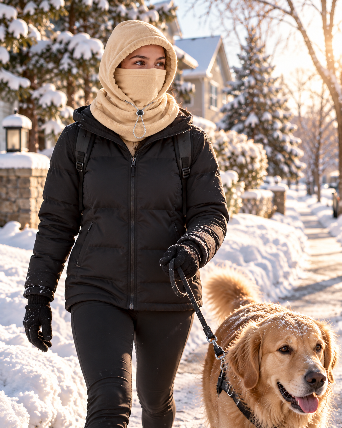 Beige one-piece winter hood worn on a snowy morning dog walk