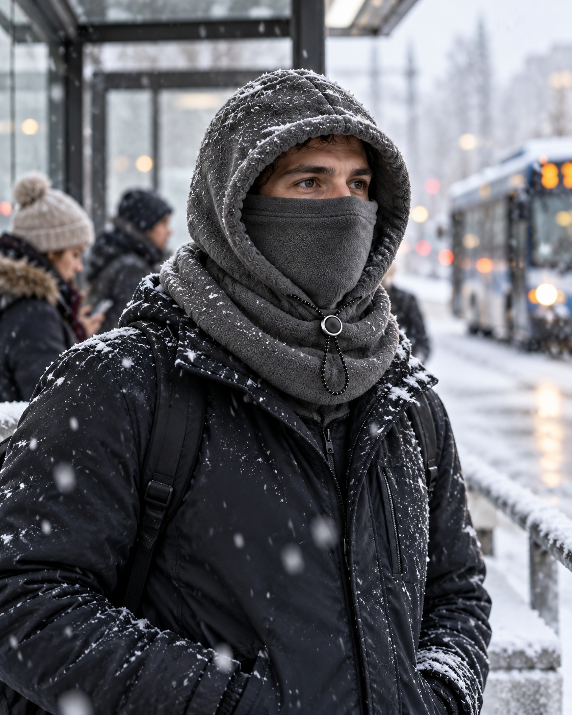 Dark grey one-piece winter hood worn by a commuter at a snowy bus stop
