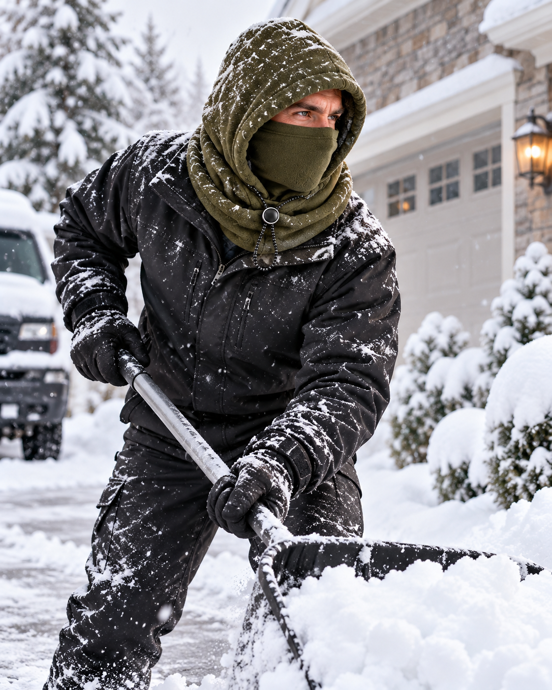 Olive green one-piece winter hood worn while shoveling snow