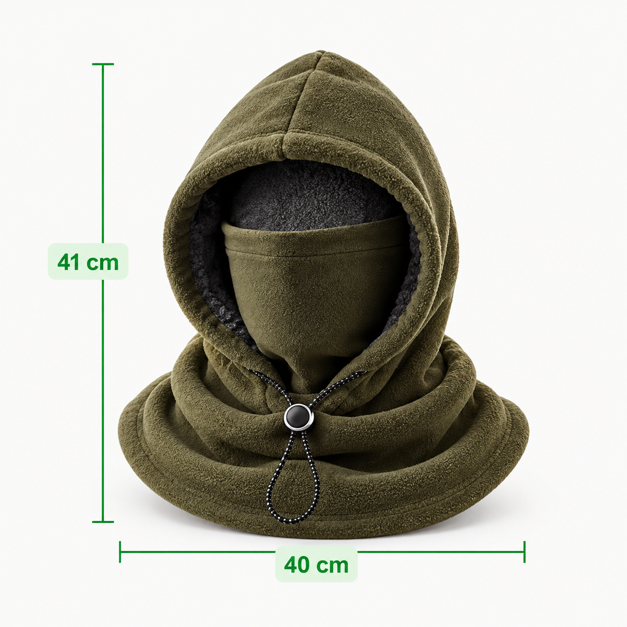 Single olive green one-piece winter hood with 41 cm height and 40 cm width measurement reference