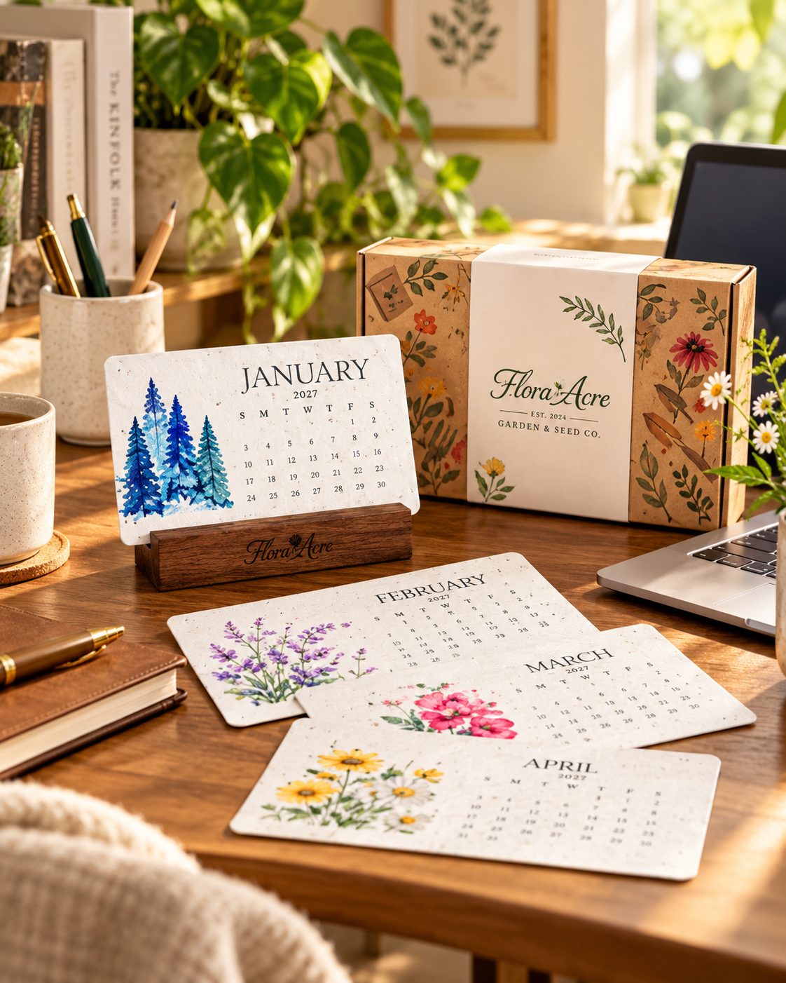 Plantable seed calendar displayed on a bright home office desk