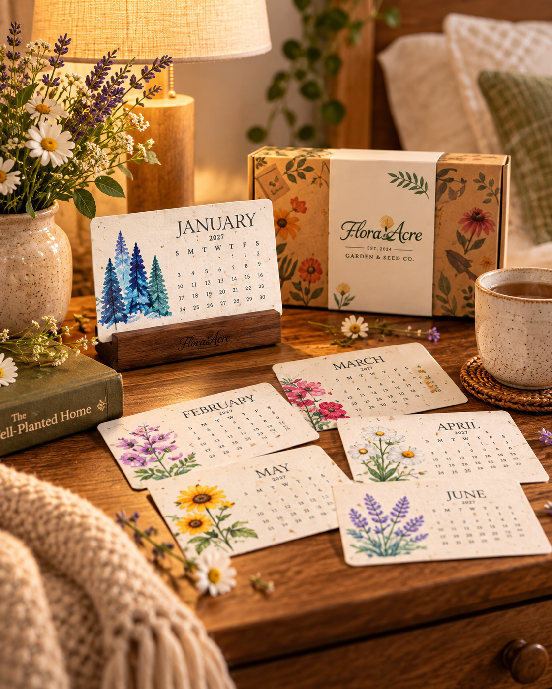 Plantable seed calendar styled in a cozy bedside reading nook