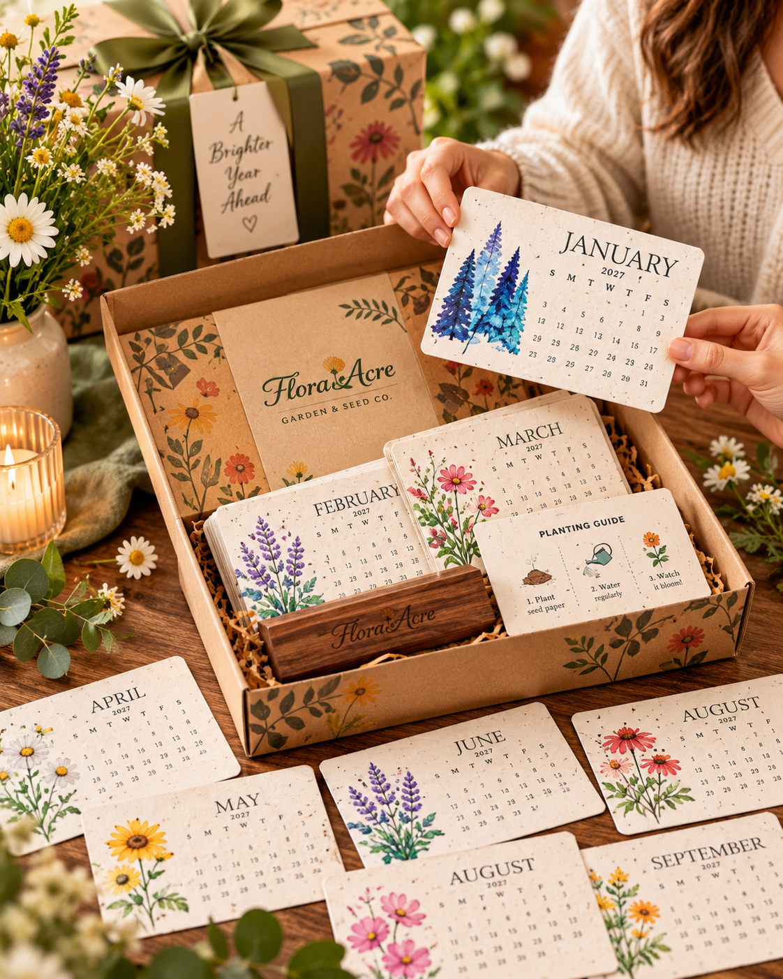 Botanical seed calendar gift set being unboxed
