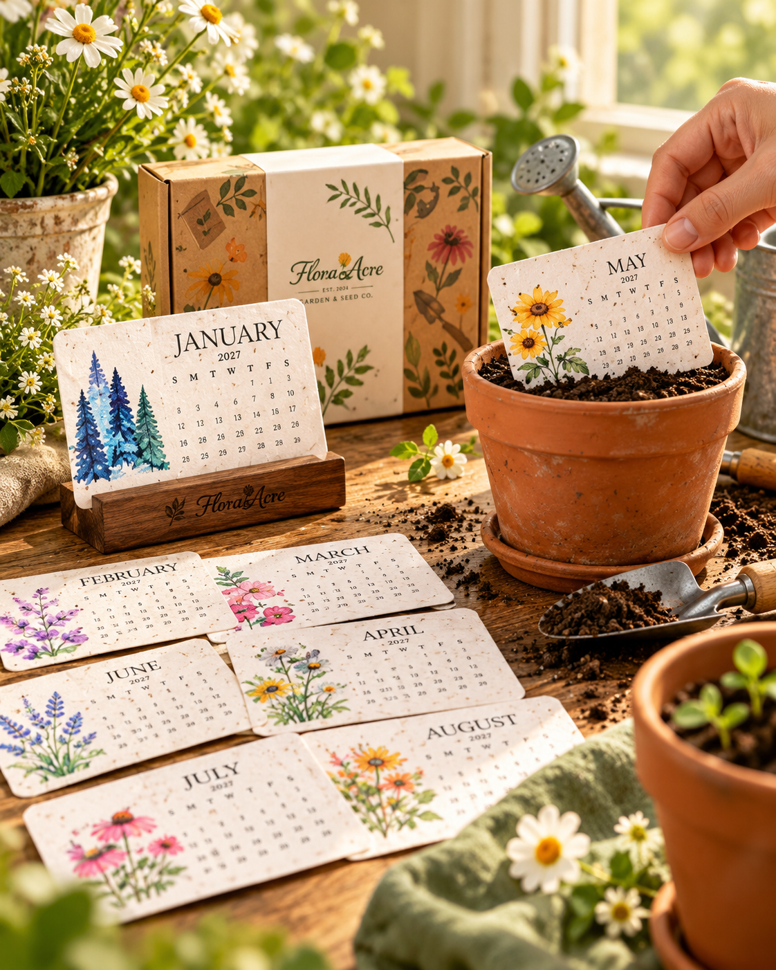 Plantable seed paper calendar card being planted in a small pot